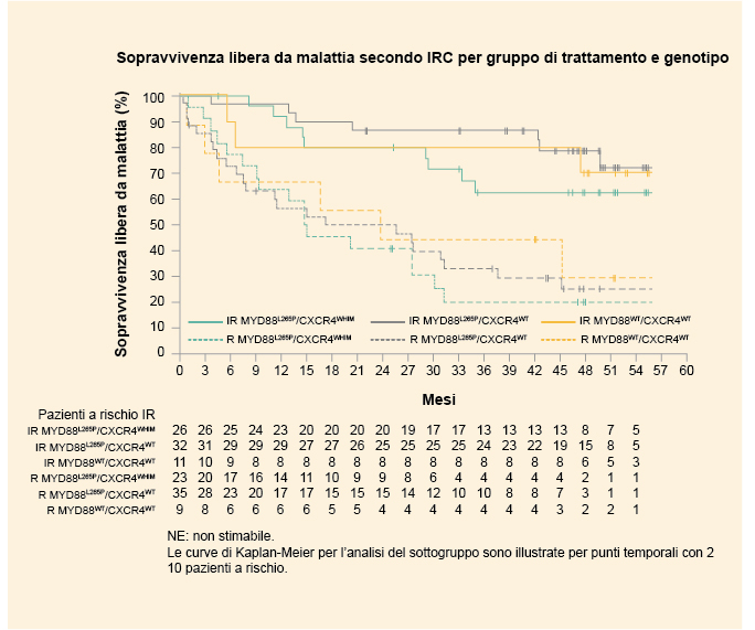 Progression free survival per IRC for treatment group and genotype